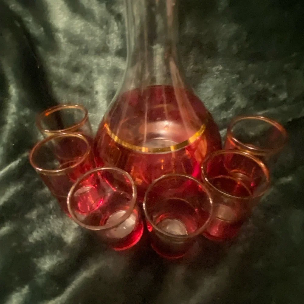 Vintage Elegant Cranberry Flash Gold Band Decanter Set 6 Cordials. Bohemia?